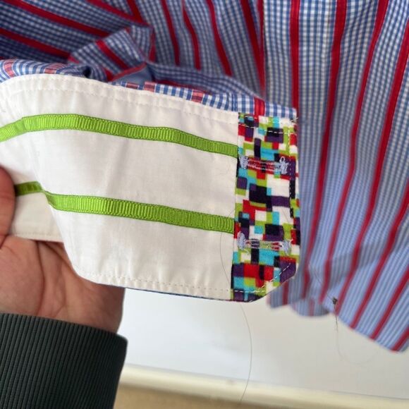 Robert Graham Blue Red Stripe Contrasting Cuffs Button Down Dress Shirt - Picture 8 of 14